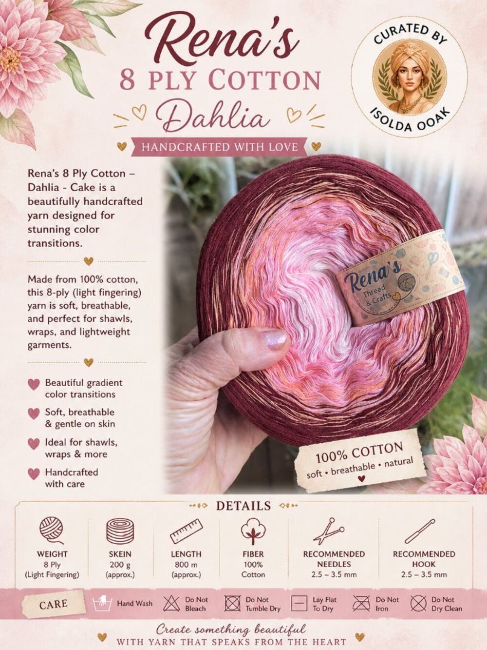 RENA'S  Thread and Crafts Yarn DALHIA color 1 cake